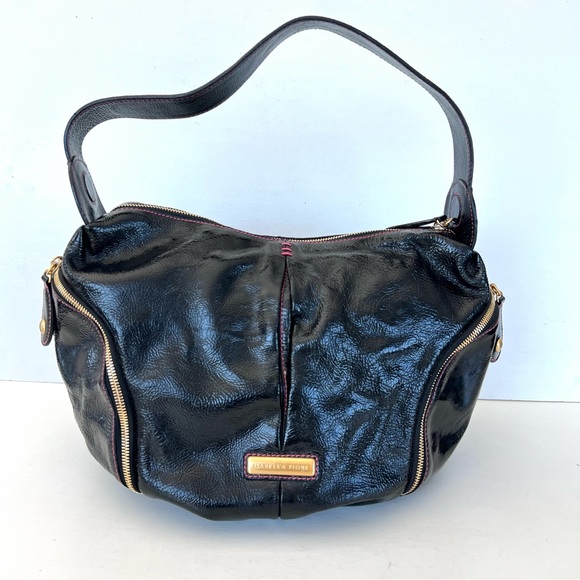 ISABELLA FIORE Black Patent Leather w Pink Stitches Side Pockets Domed Boho Tote - Picture 5 of 15